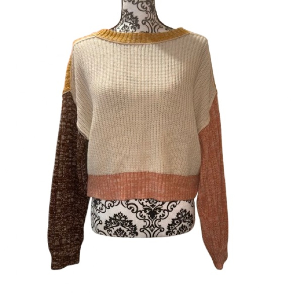 Freshman Women's Medium Colorblock Ribbed Knit Sweater Tan Pink Brown & Gold
